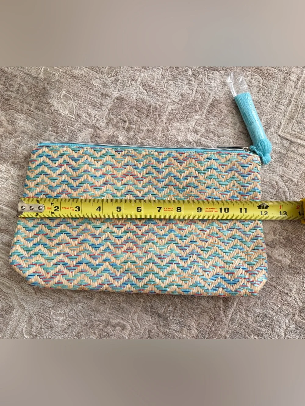 Lancôme Woven Raffia Style Clutch Pouch Turquoise Tassel Zip Bag New